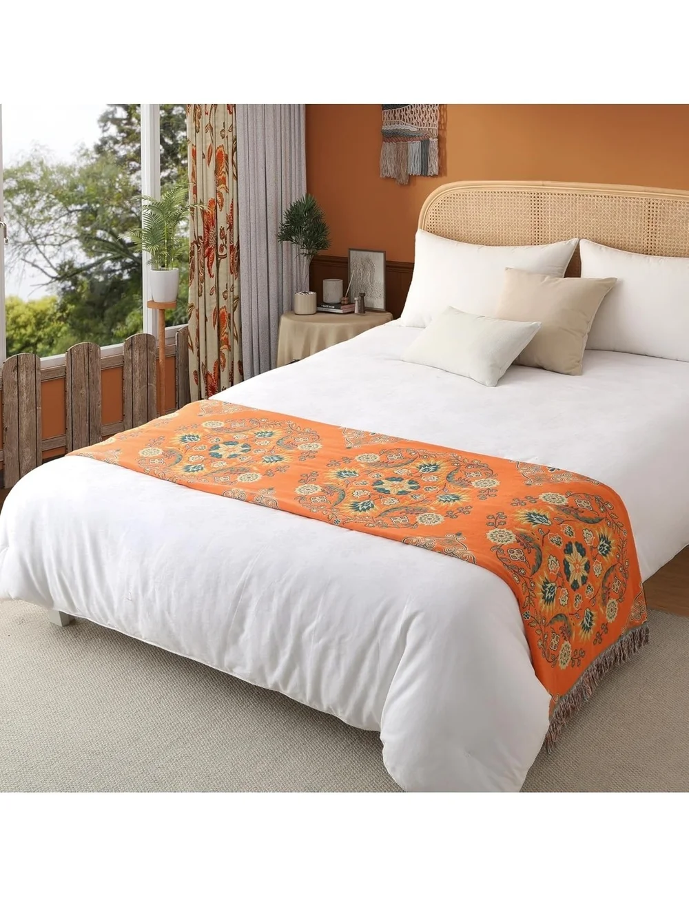 Reversible Floral Fringe Throw Blanket - Orange & Teal 60x80